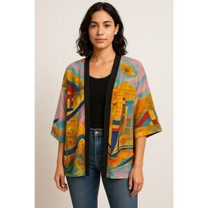 Dilemma Dhun Shroff Silk Kimono Jacket Open Front Abstract Art Print One Size